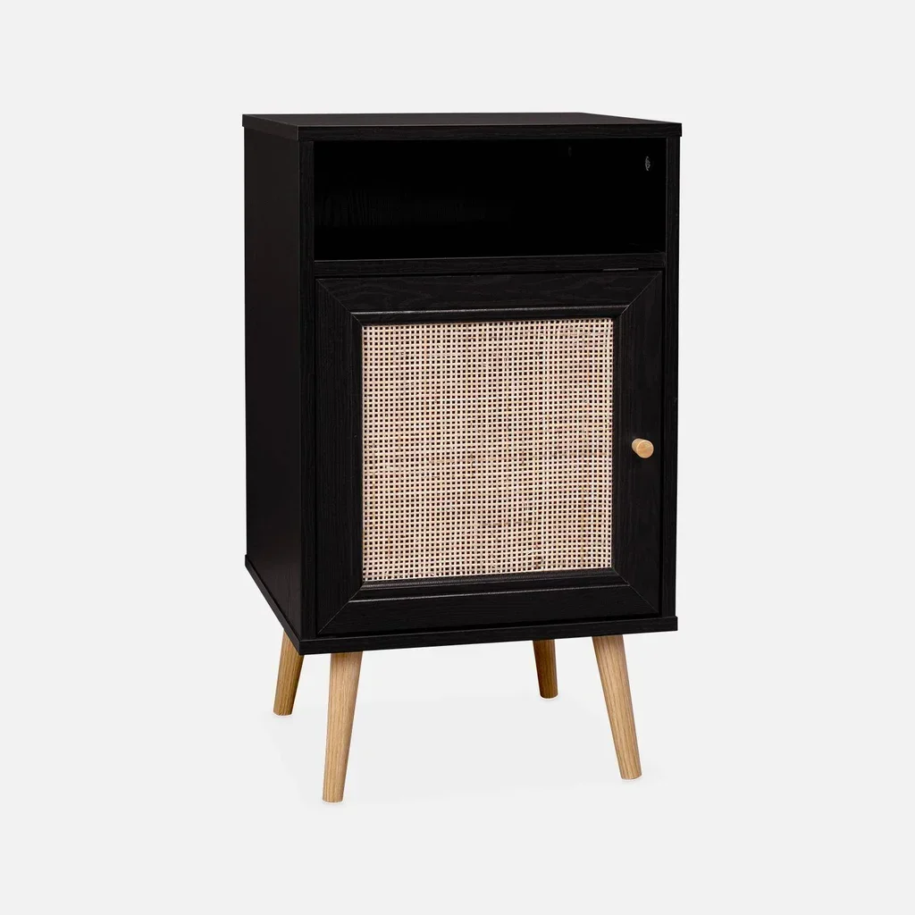 Table de nuit scandinave cannage 1 porte bois naturel chambre Bohème