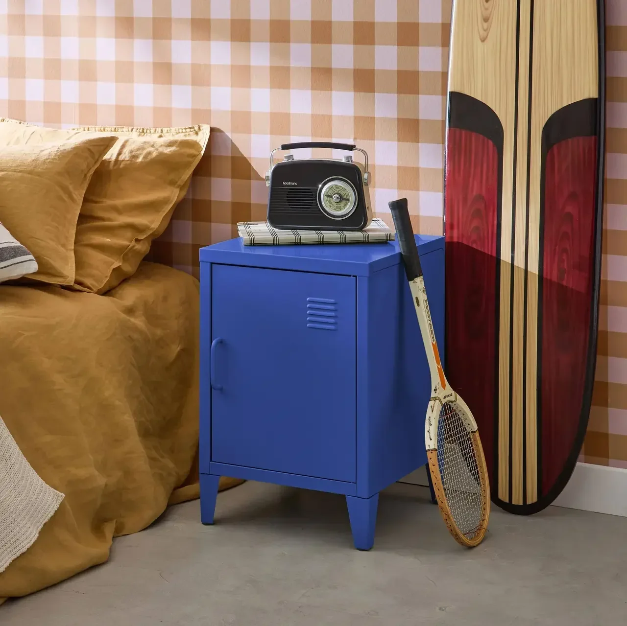 Industrial nightstand metal swing door kids bedroom