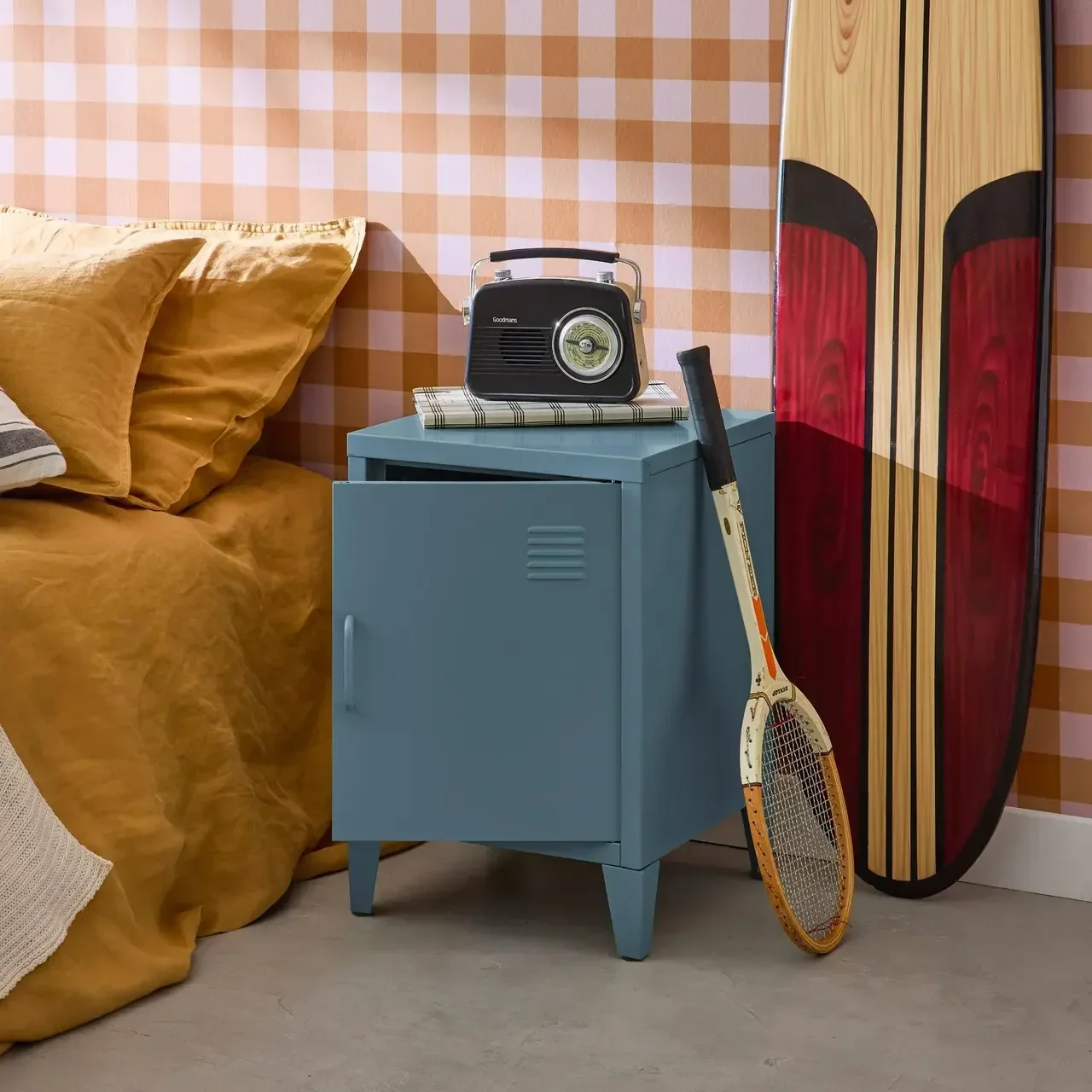 Industrial nightstand metal swing door kids bedroom