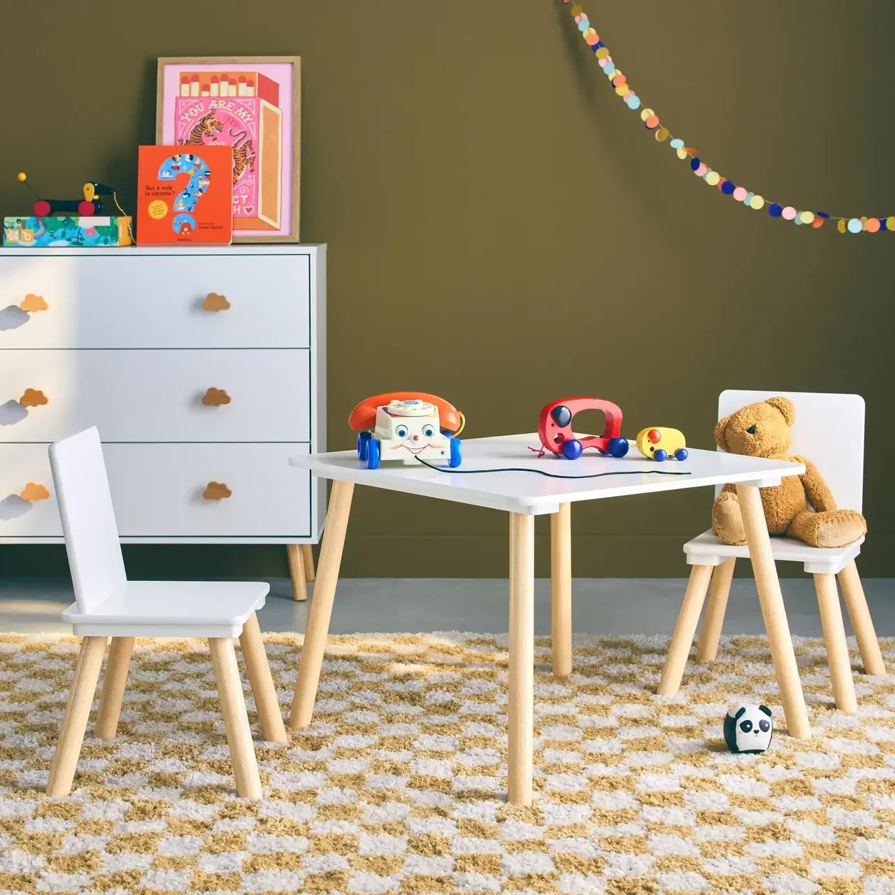 Square kids table natural pine wood 2 seats with matching chairs
