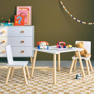 Square kids table natural pine wood 2 seats with matching chairs