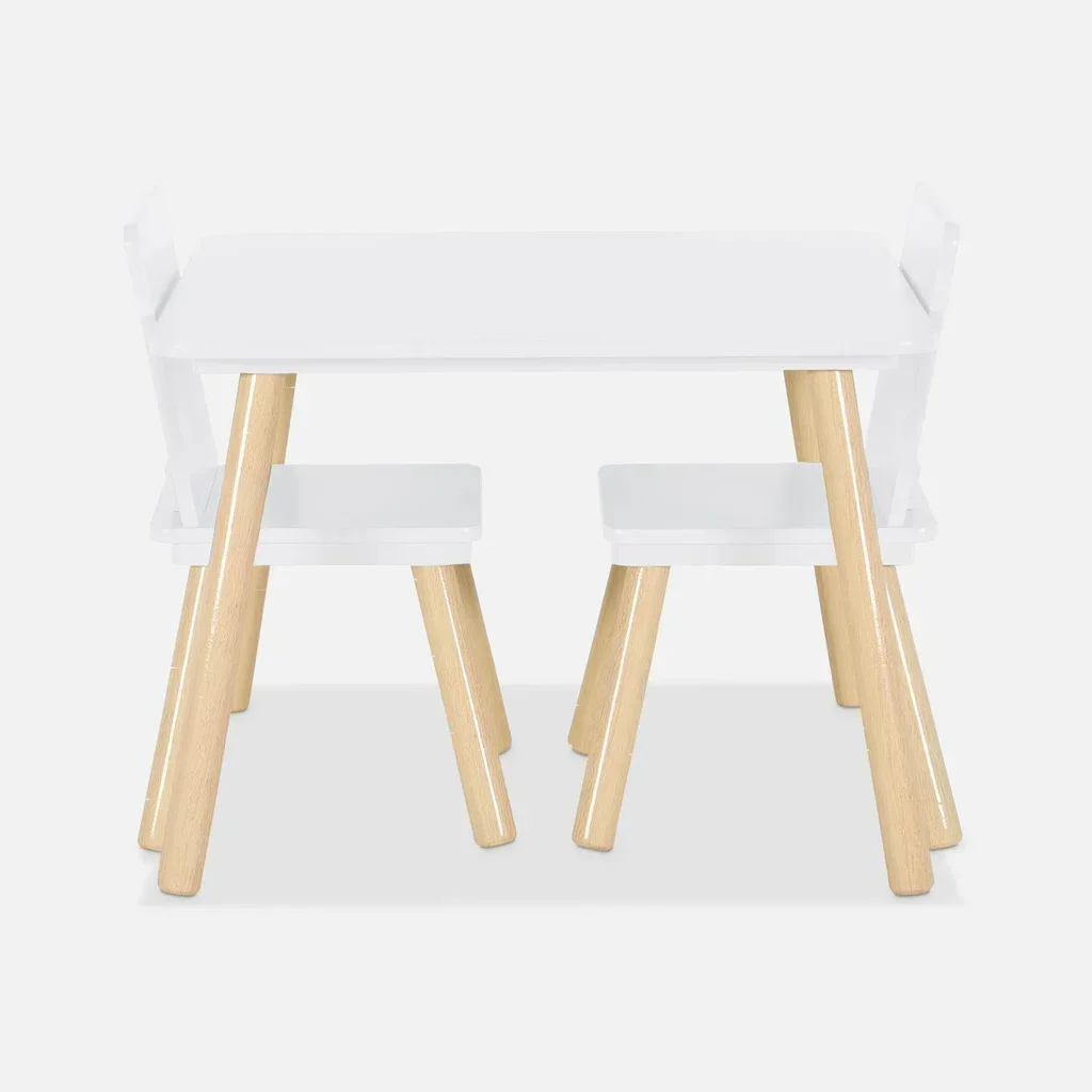Square kids table natural pine wood 2 seats with matching chairs