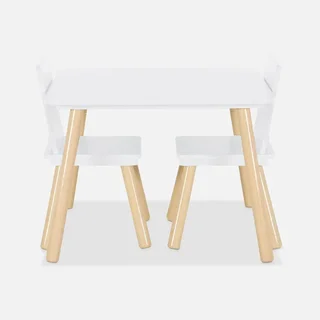 Square kids table natural pine wood 2 seats with matching chairs