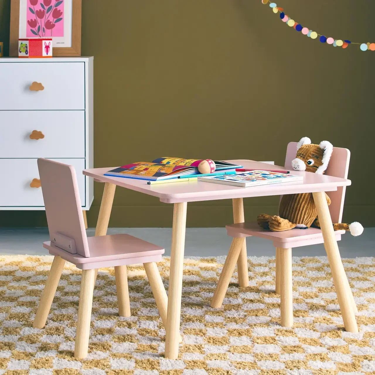 Square kids table natural pine wood 2 seats with matching chairs