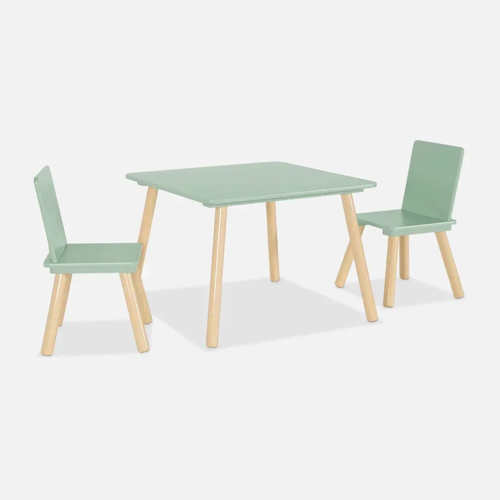Kids Square Table Natural Pine Wood 2 Seater - Table and Chair Set for Children's Bedroom