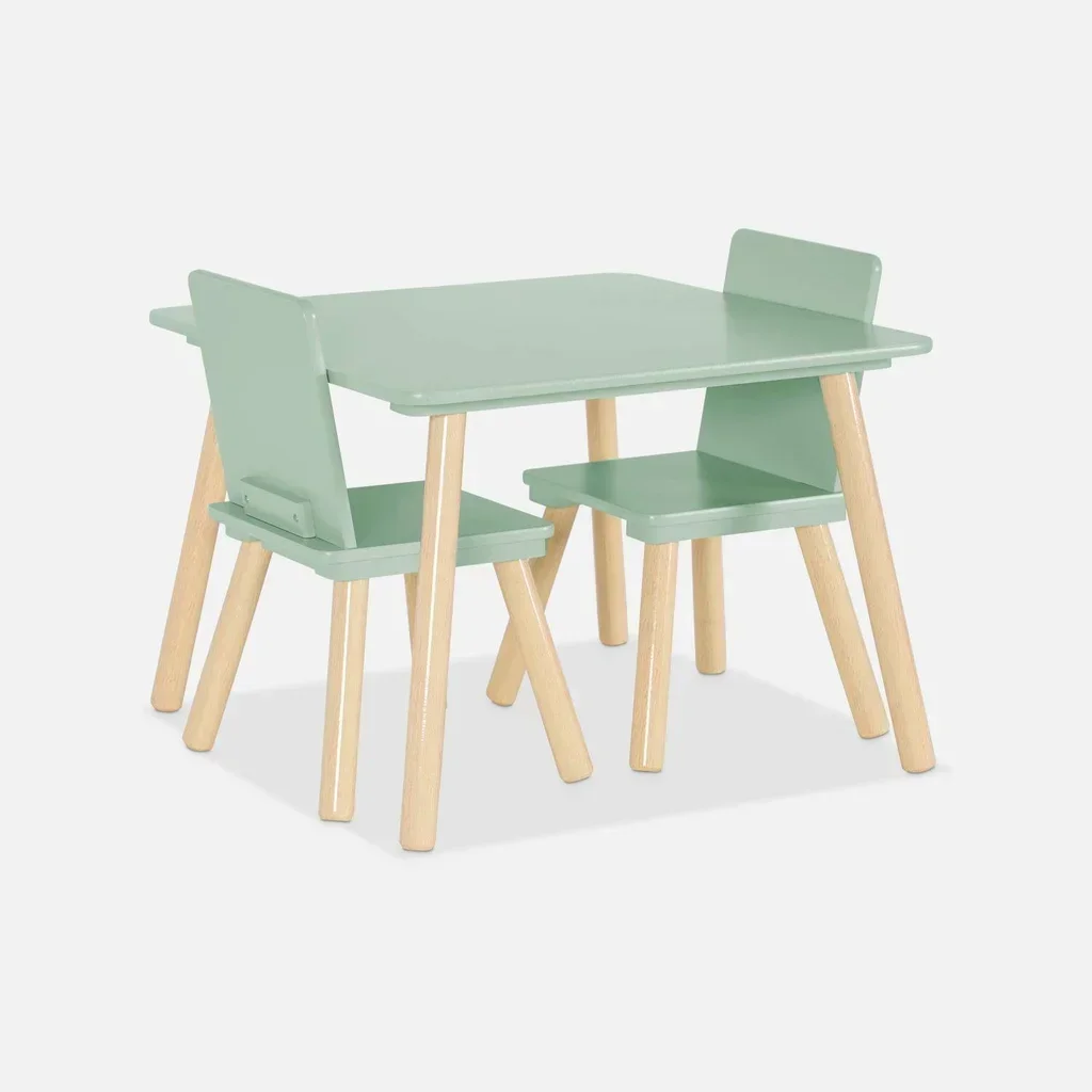 Kids Square Table Natural Pine Wood 2 Seater - Table and Chair Set for Children's Bedroom
