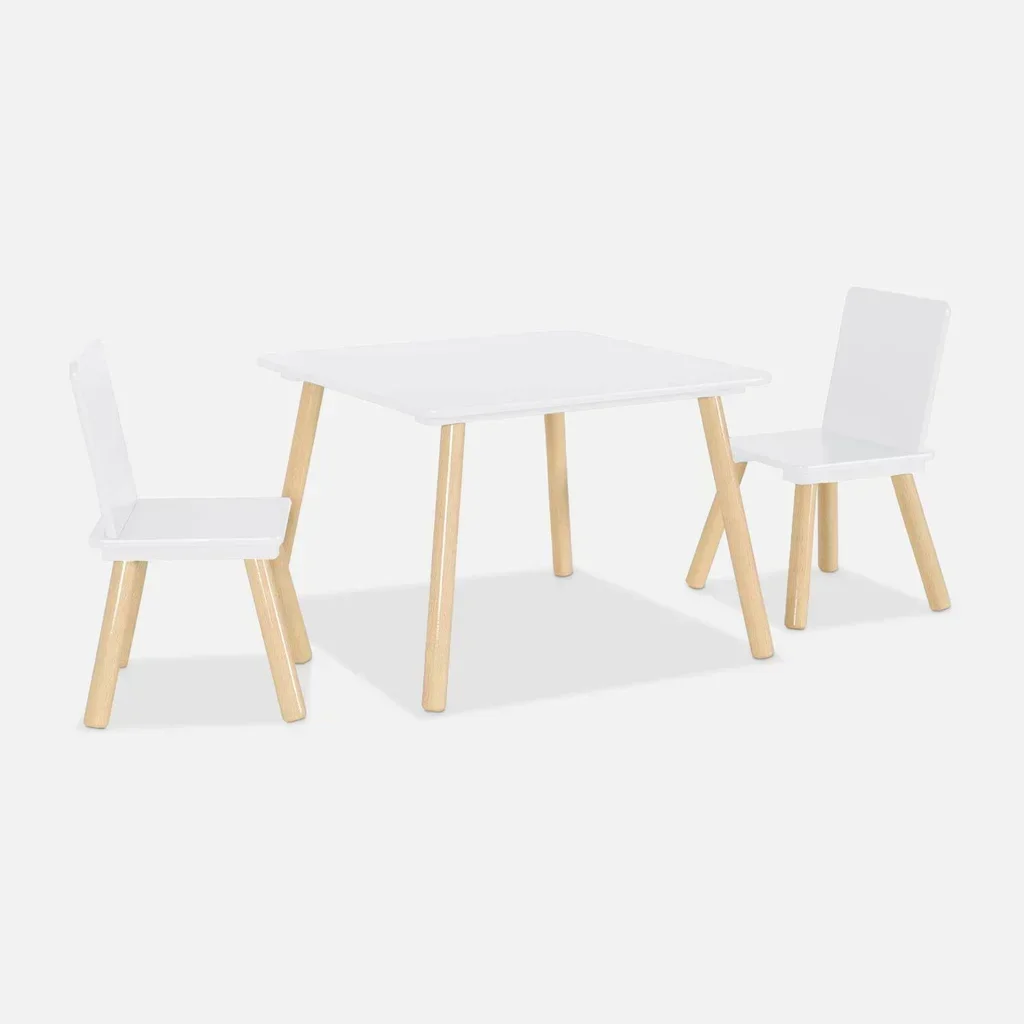 Square kids table natural pine wood 2 seats with matching chairs