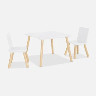 Square kids table natural pine wood 2 seats with matching chairs