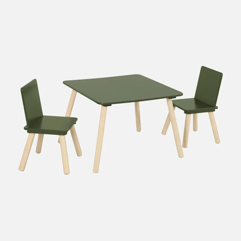 Square kids table natural pine wood with 2 chairs - children's furniture ages 3-7