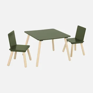 Square kids table natural pine wood with 2 chairs - children's furniture ages 3-7