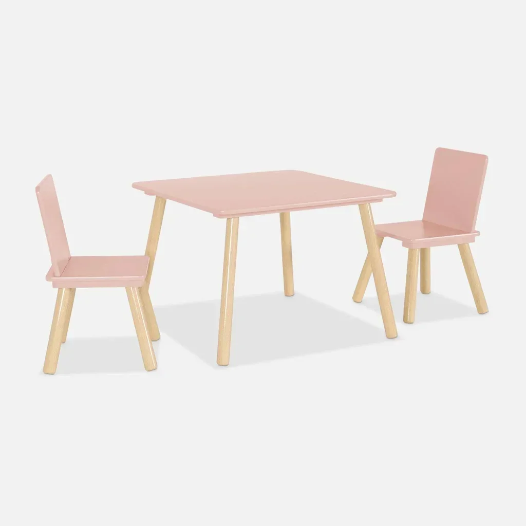 Square kids table natural pine wood 2 seats with matching chairs