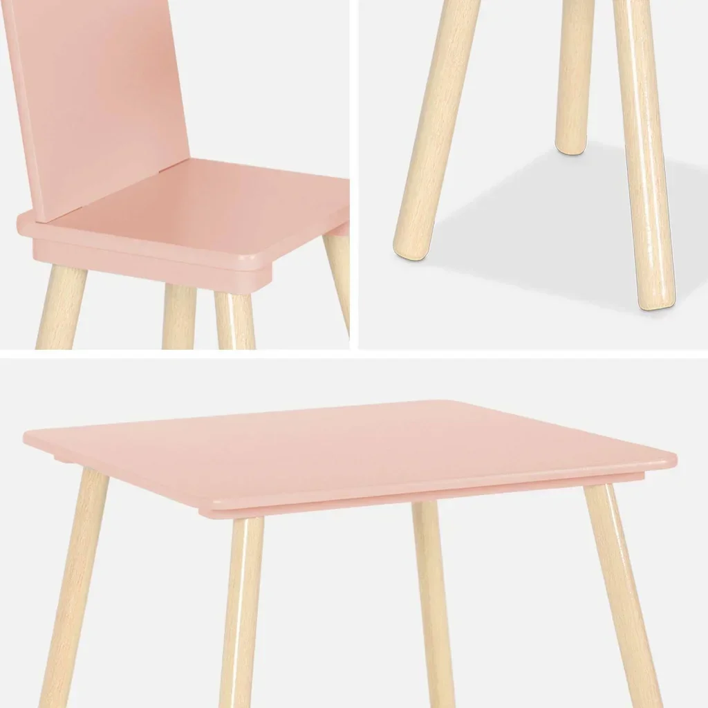 Square kids table natural pine wood 2 seats with matching chairs