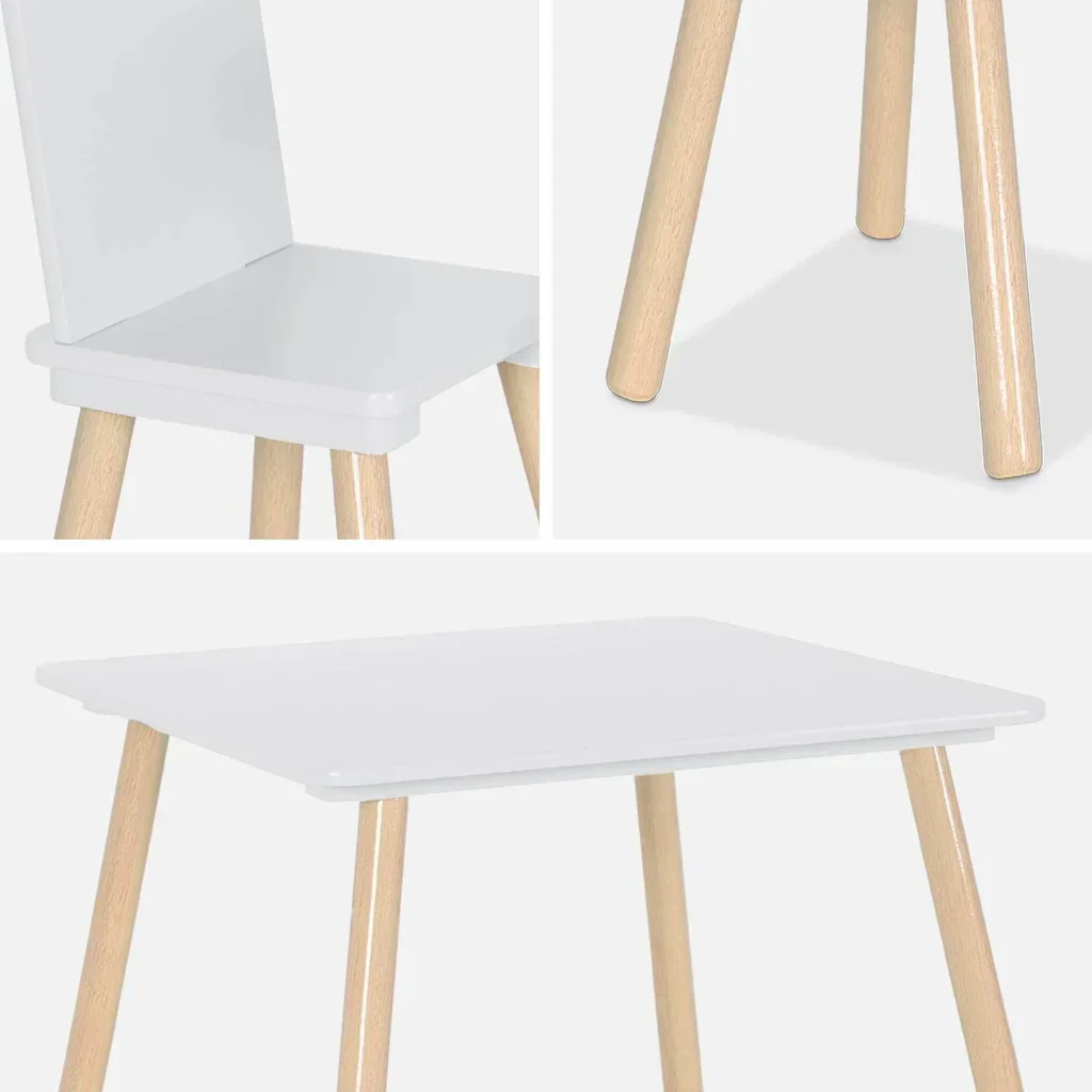 Square kids table natural pine wood 2 seats with matching chairs