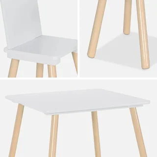 Square kids table natural pine wood 2 seats with matching chairs