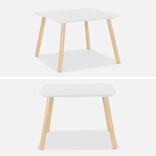 Square kids table natural pine wood 2 seats with matching chairs