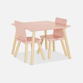 Square kids table natural pine wood 2 seats with matching chairs