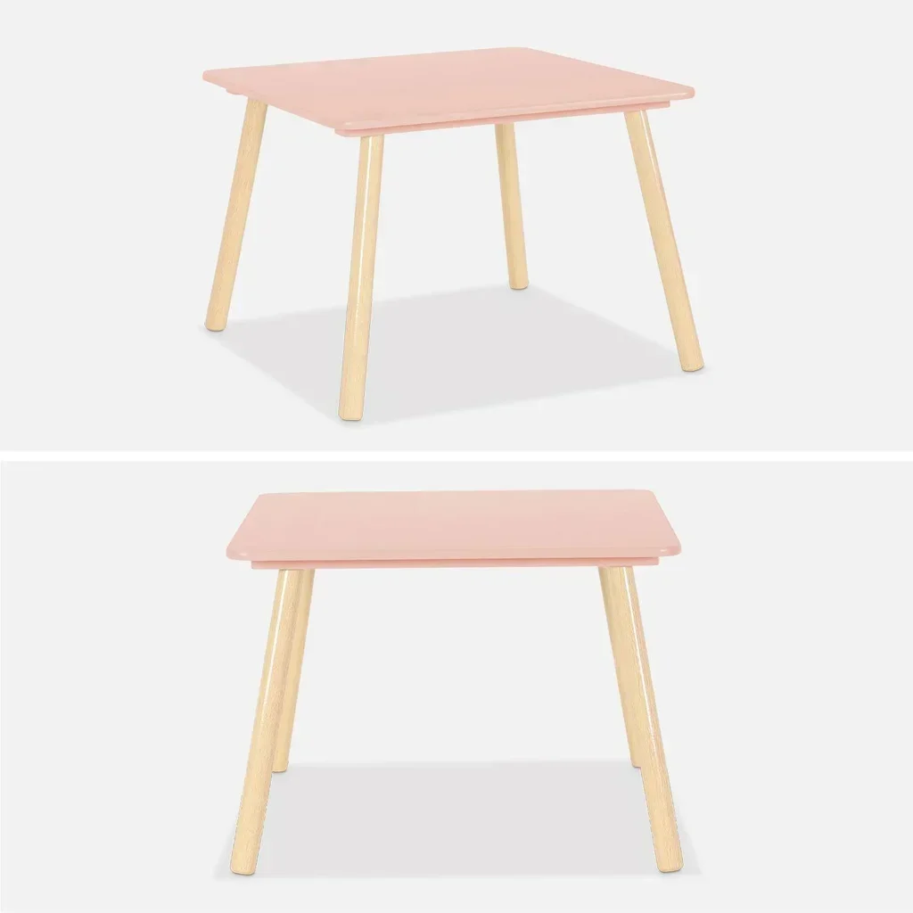 Square kids table natural pine wood 2 seats with matching chairs