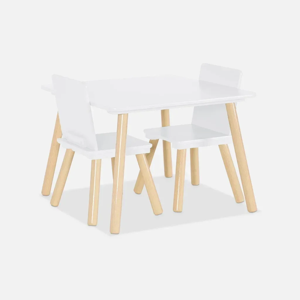 Square kids table natural pine wood 2 seats with matching chairs