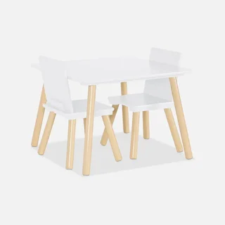 Square kids table natural pine wood 2 seats with matching chairs