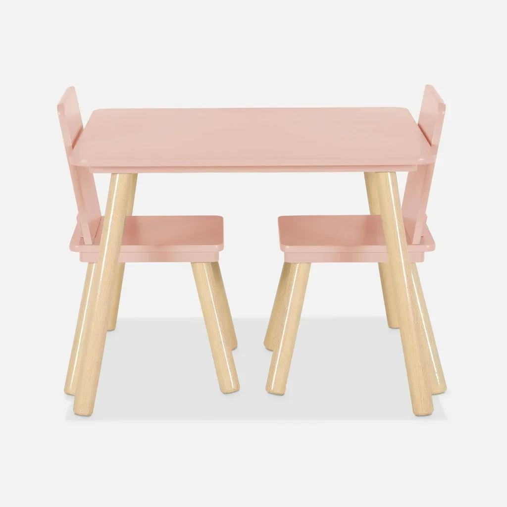 Square kids table natural pine wood 2 seats with matching chairs