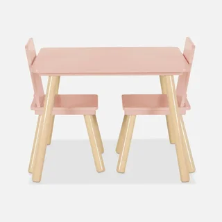 Square kids table natural pine wood 2 seats with matching chairs