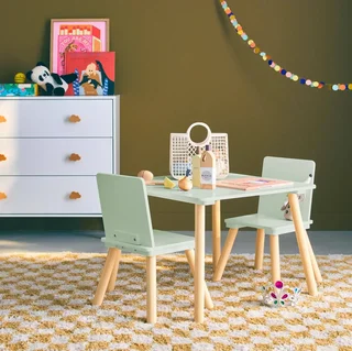 Kids Square Table Natural Pine Wood 2 Seater - Table and Chair Set for Children's Bedroom