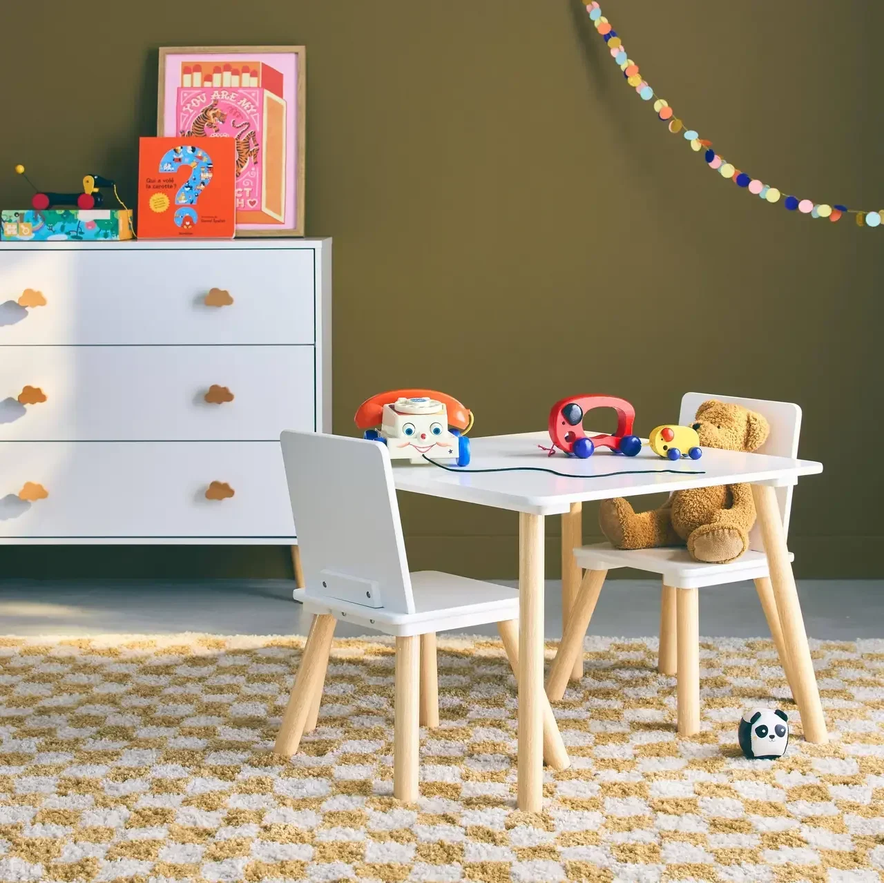 Square kids table natural pine wood 2 seats with matching chairs
