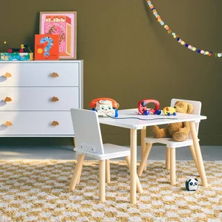 Square kids table natural pine wood 2 seats with matching chairs