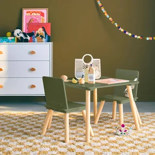 Square kids table natural pine wood with 2 chairs - children's furniture ages 3-7