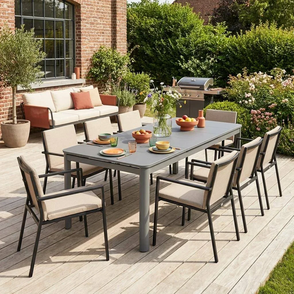 Table extensible jardin aluminium 8 personnes plateau verre sécurit