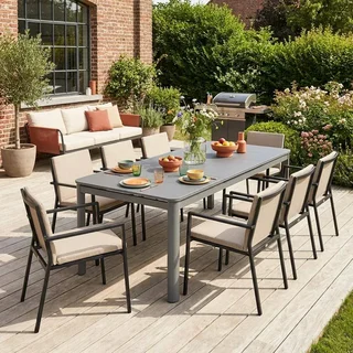 Mesa jardín extensible aluminio 8 personas cristal templado terraza comedor exterior