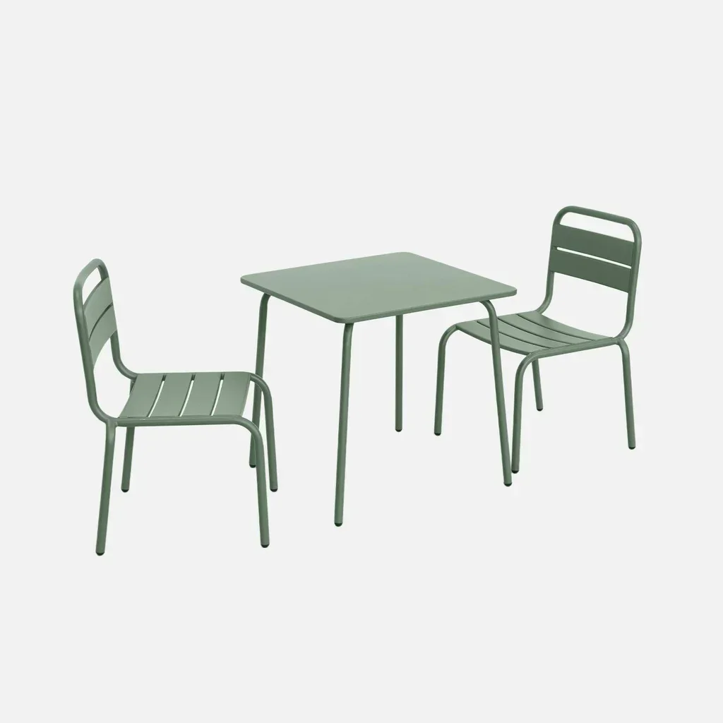 Table métal enfant vert de gris 2 chaises jardin extérieur Anna