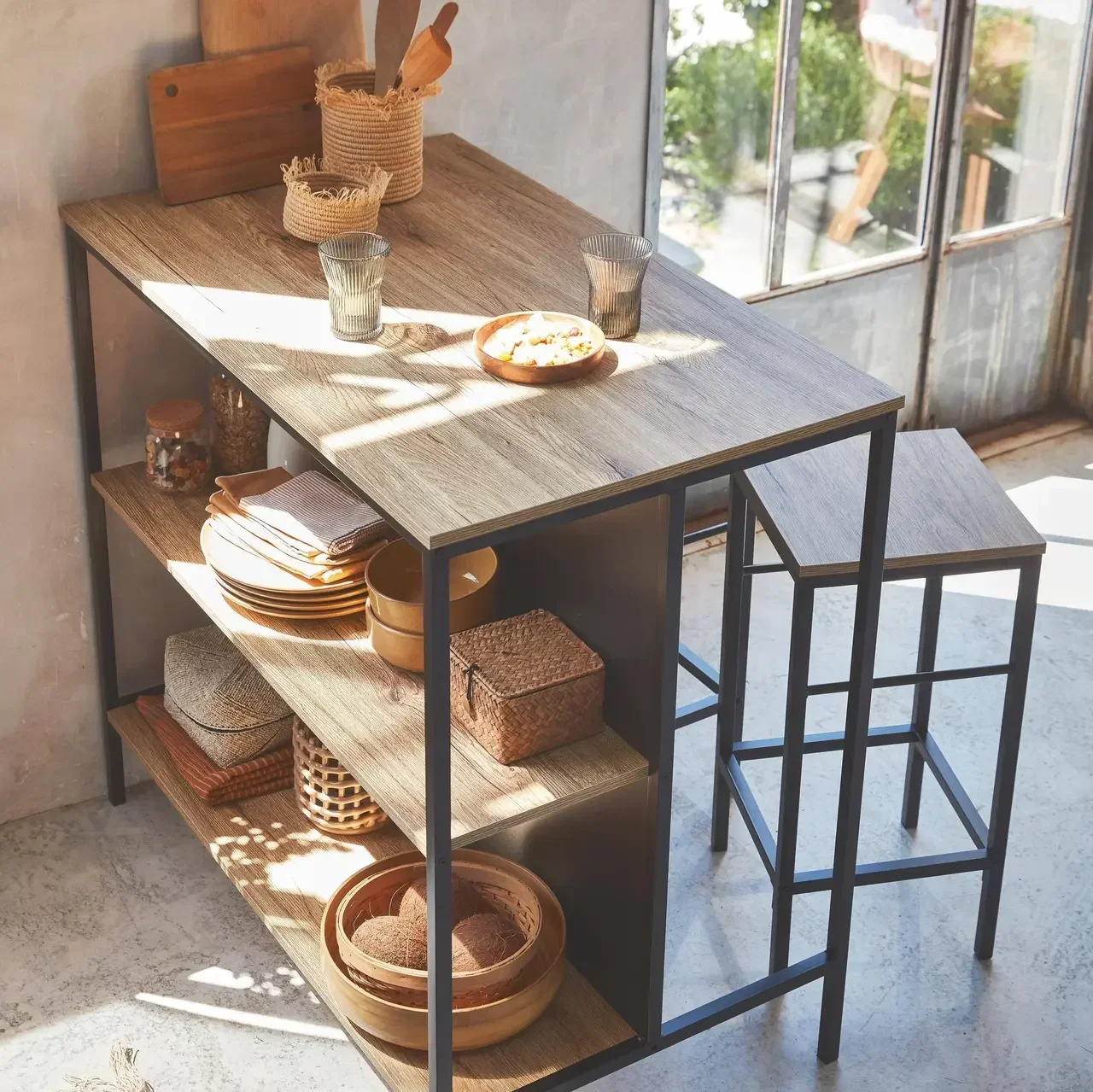 Table haute industrielle bois métal 2 étagères 2 tabourets Loft