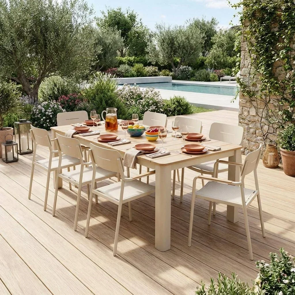 Table de jardin aluminium 8 places beige et bois Edera
