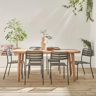 Table de jardin bois eucalyptus 180 cm avec 6 chaises métal intérieur extérieur