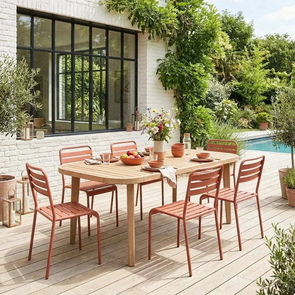Table jardin eucalyptus 180 cm 6 places intérieur extérieur