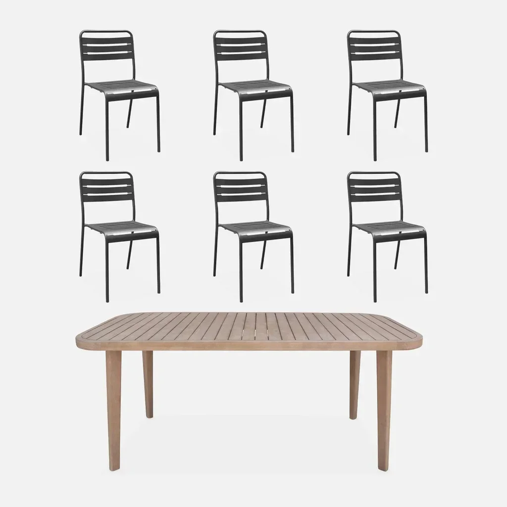 Table de jardin bois eucalyptus 180 cm avec 6 chaises métal intérieur extérieur