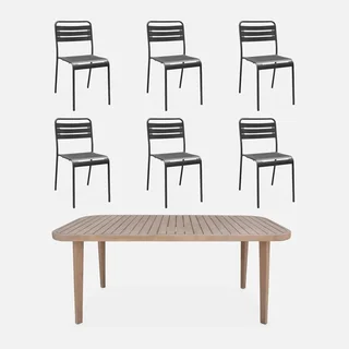 Table de jardin bois eucalyptus 180 cm avec 6 chaises métal intérieur extérieur