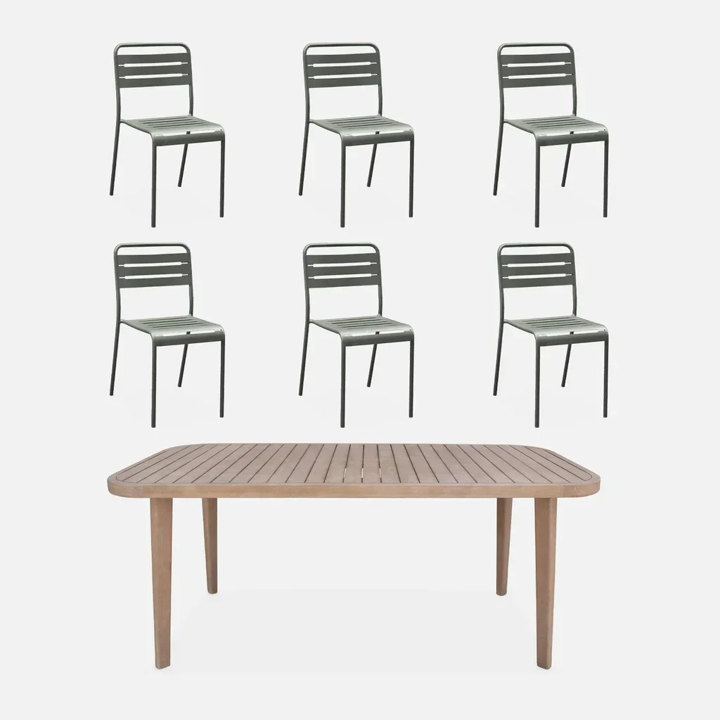 Table jardin eucalyptus 180 cm 6 chaises métal intérieur extérieur