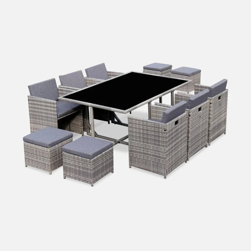 Table de jardin encastrable résine 10 places Vabo avec poufs et coussins
