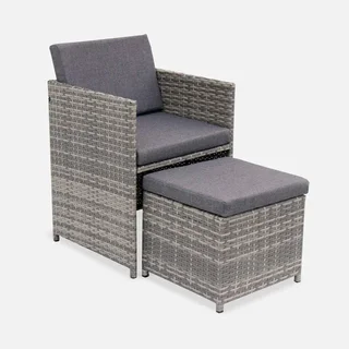 Mesa de jardín de resina trenzada 8 plazas Vabo gris conjunto exterior