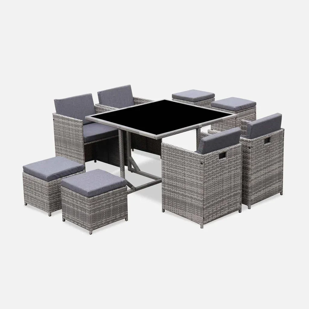 Table jardin encastrable résine tressée 8 places Vabo gris