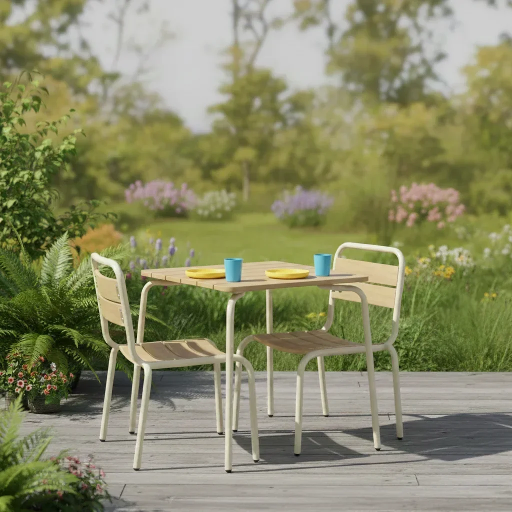 Table jardin enfant acier bois 2 sièges extérieur