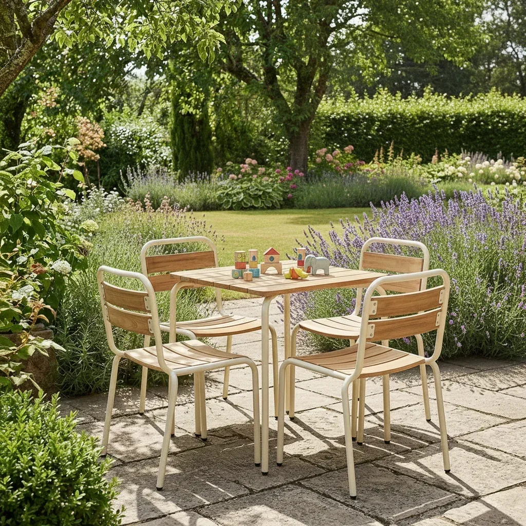 Table jardin enfant métal effet bois 4 chaises Suzie