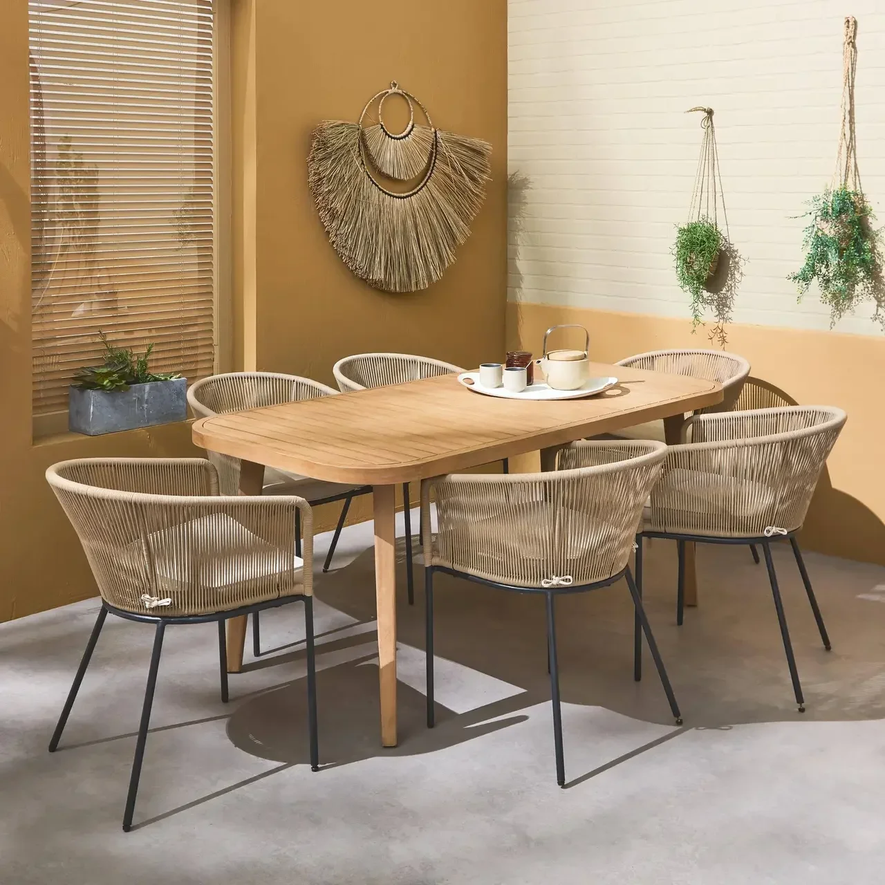 Table jardin eucalyptus 180 cm 6 places cordes métal intérieur extérieur