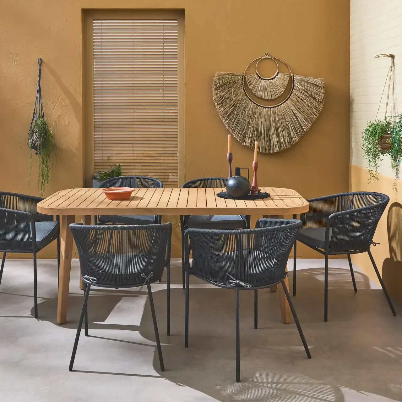 Gartentisch Eukalyptus 180 cm 6 Personen Seil Metall Terrasse Outdoor