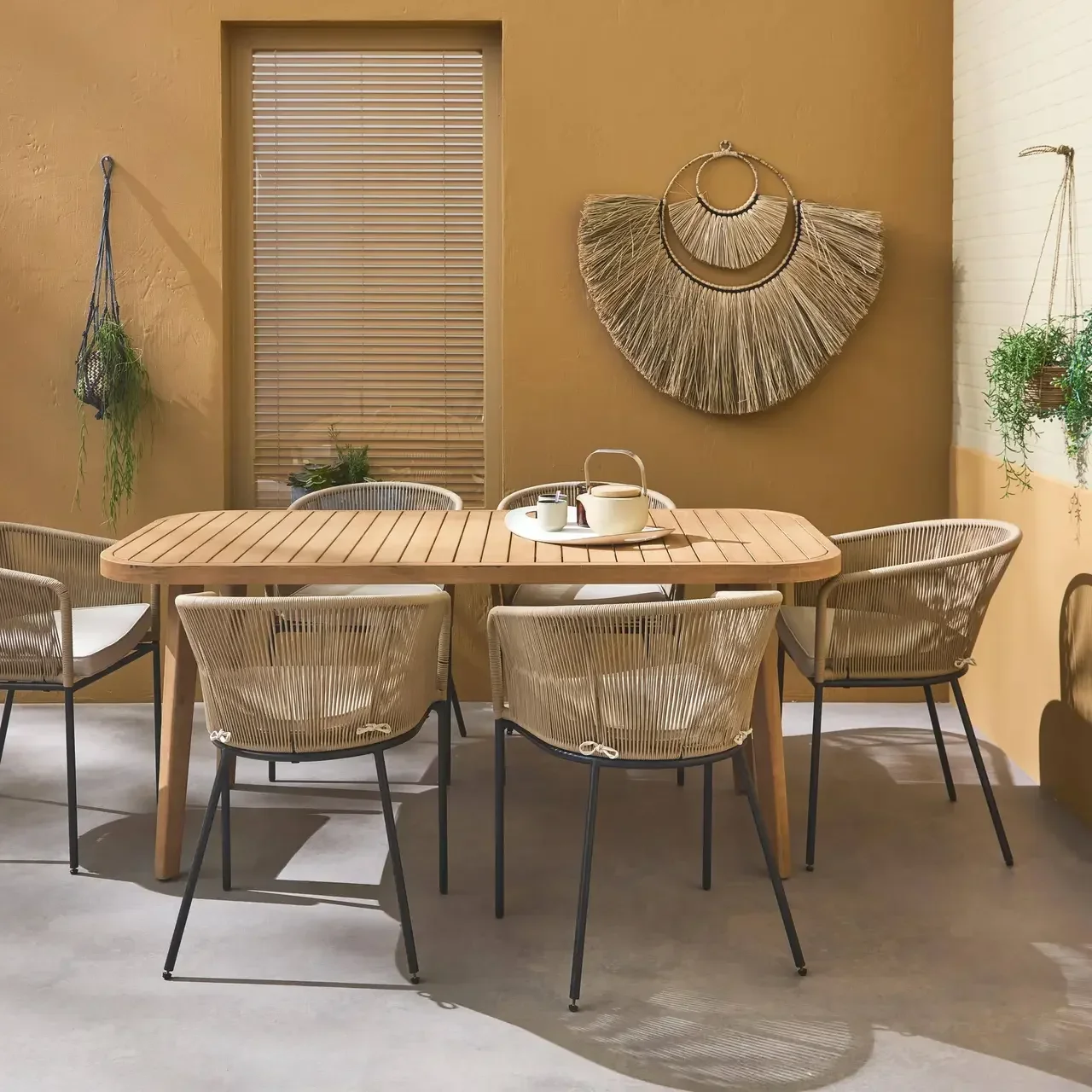 Table jardin eucalyptus 180 cm 6 places cordes métal intérieur extérieur