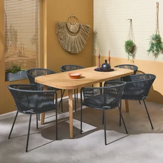 Gartentisch Eukalyptus 180 cm 6 Personen Seil Metall Terrasse Outdoor