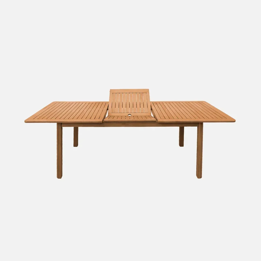Table de jardin extensible bois eucalyptus 6-8 places avec emplacement parasol