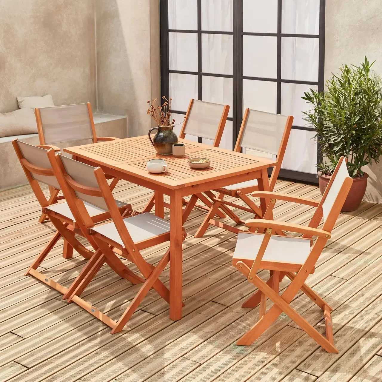 Table de jardin extensible eucalyptus 6 places avec rallonge papillon 60cm